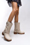 Galmicca Women's Buckle Detailed Short Biker Boots 00123022 Matte Beige - 5