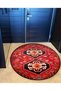 Red Themed Traditional Motif Patterned Round Woven Base Vintage Decorative Carpet 6220 - 4