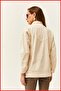 Women's Ecru Pocketed Seasonal Zippered Snap Fastener Long Denim Jacket - 3