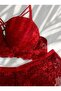 Women's Lace Embroidered Red Padded Underwire Supported Bra Panties Underwear Set - 2