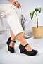 Wedge Sole Black Leather Shoes with Ankle Buckle