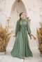 Women's Dress with Hijab Collar and Gathered Sleeves and Ribbon - 7