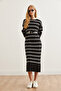 Women's Black Crew Neck Striped Slit Thick Knitwear Dress Elb- 19002250 - 5