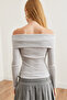 Women's Gray Striped Madonna Collar Stretchy Blouse Blz- 19002724 - 6