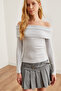 Women's Gray Striped Madonna Collar Stretchy Blouse Blz- 19002724 - 2