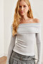 Women's Gray Striped Madonna Collar Stretchy Blouse Blz- 19002724 - 3