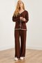 Women's Bitter Coffee Piping Detailed Top Cardigan Bottom Pants Knitwear Set Tkm- 19000305