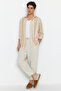 Camel Regular Fit Çizgili Keten Dokulu Gömlek TMNSS23GO00056