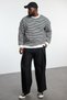 Büyük Beden Siyah Oversize/Geniş Kesim Çizgili İçi Polarlı Sweatshirt TMNAW25AO00017 - 2