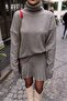 Gray Turtleneck Knitwear Skirted Set