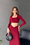 Women's Burgundy Front Gathered Detailed Lined Long Skirt, Pool Collar Crop Blouse, Bottom and Top Set - 7