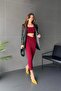 Women's Burgundy Front Gathered Detailed Lined Long Skirt, Pool Collar Crop Blouse, Bottom and Top Set - 5