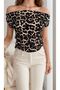 Women's Leopard Patterned Short-Sleeved Boat Neck Elegant Summer Blouse - 3