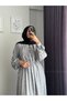 Women's Mobile Belted Balloon Sleeve Linen Gray Design Dress - 2
