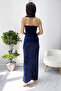 Women's Navy Blue Stone Thin Strap Velvet New Season Evening Dress - 5