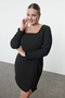 Black Square Neck Long Sleeve Finike Mini Woven Plus Size Dress Tbbaw25Ah00056 - 2