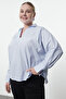 Blue White Striped Basic Long Sleeve Back Elastic Woven Plus Size Blouse Tbbaw25Af00022