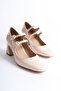 Women's Beige Patent Leather Mid-Heeled Two-Strap Shoes - 4