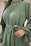 Women's Dress with Hijab Collar and Gathered Sleeves and Ribbon - 3