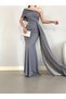 Gray Color One-Shoulder Side Train Detailed Fish Cut Evening Dress and Graduation Gown 582108 684 - 5