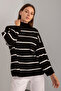 Women's Black Oversize Striped Half Turtleneck Knitwear Sweater - 3