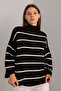 Women's Black Oversize Striped Half Turtleneck Knitwear Sweater - 2