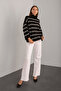 Women's Black Oversize Striped Half Turtleneck Knitwear Sweater - 6