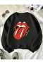 سويت شيرت أسود بياقة دراجة ثلاثية الخيوط مطبوع عليه The Rolling Stones للجنسين باللون الأحمر - 2