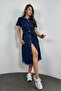 Short Sleeve Belted Midi Denim Dress with Hem Detail - 2