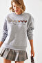 Women's Gray Melange Three Thread Shaded Colorful Heart Printed Sweatshirt Mbhs007 60601007 - 2