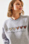 Women's Gray Melange Three Thread Shaded Colorful Heart Printed Sweatshirt Mbhs007 60601007 - 3