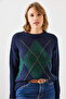Women's Navy Blue Argyle Sweater 20246195 - 4