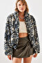 Women's Navy Blue Leopard Patterned Faux Fur Coat 2426 60251795 - 5