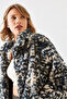 Women's Navy Blue Leopard Patterned Faux Fur Coat 2426 60251795 - 2