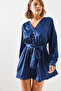 Women's Navy Blue Belted Button Detailed Satin Dress Mbms003 60501003 - 3