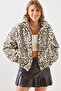 Women's Cream Leopard Patterned Faux Fur Coat 2426 60251795