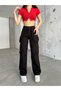 Women's Black High Waist Multi-Pocket Strap Detail Straight Fit Cargo Pants - 3