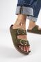 Jazmin Women's Genuine Leather Double Buckle Khaki Slippers - 5
