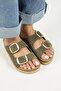 Selina Women's Leather Double Buckle Khaki Slippers - 2