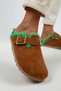 Zeta Furry Women's Genuine Leather Belted Buckle Colorful Furry Tan Green Slippers - 3
