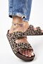 Anlelic Leopard Women's Genuine Leather Double Buckle Mink Slippers