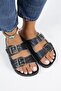 Anjelic Croco Women's Genuine Leather Double Buckle Black Slippers - 3