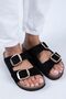 Irene Women's Genuine Leather Double Buckle Black Suede - Gold Slippers - 3