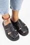 Rodin Women's Genuine Leather Three-Stripe Sabo Black Slippers - 2
