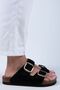 Irene Women's Genuine Leather Double Buckle Black Suede - Gold Slippers - 2