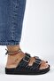 Anjelic Croco Women's Genuine Leather Double Buckle Black Slippers - 2