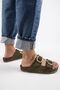 Jazmin Women's Genuine Leather Double Buckle Khaki Slippers - 6