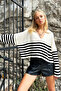 Women's Ecru Polo Collar Striped Crop Sweater Alc-X12689 - 5