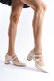 Women's Beige Patent Leather Mid-Heeled Two-Strap Shoes