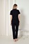 Women's Black Buttoned Front Short Sleeve and Six Long Combed Fabric Summer Pajamas Set - 7